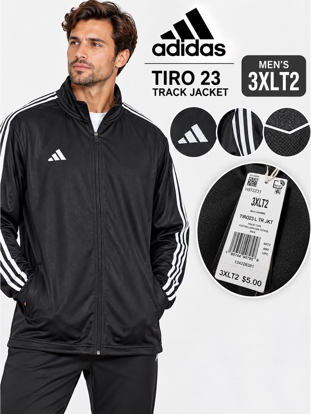NWT Adidas Tiro 23 Men 3XLT2 Black Track Training Soccer Jacket Full Zip